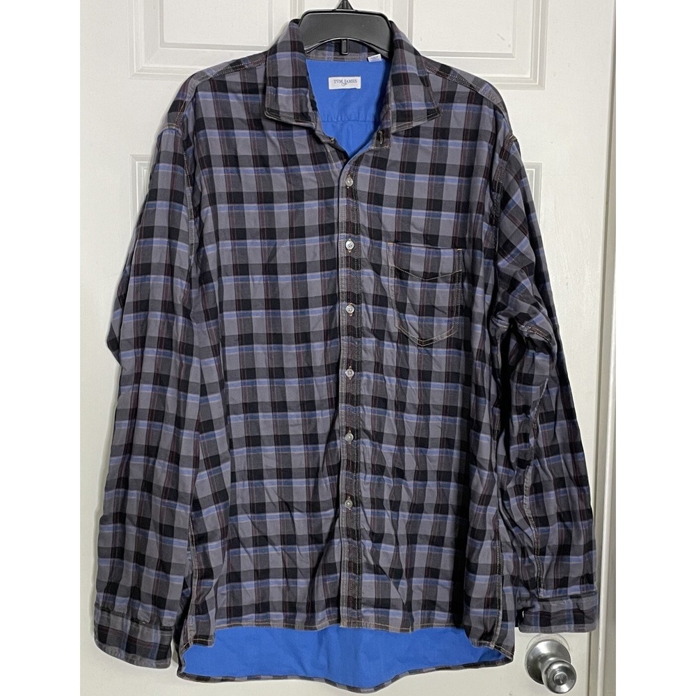 TOM JAMES LONG  SLEEVE LINED SHIRT SHACKET  BLUE PLAID LINEN MENS XXL